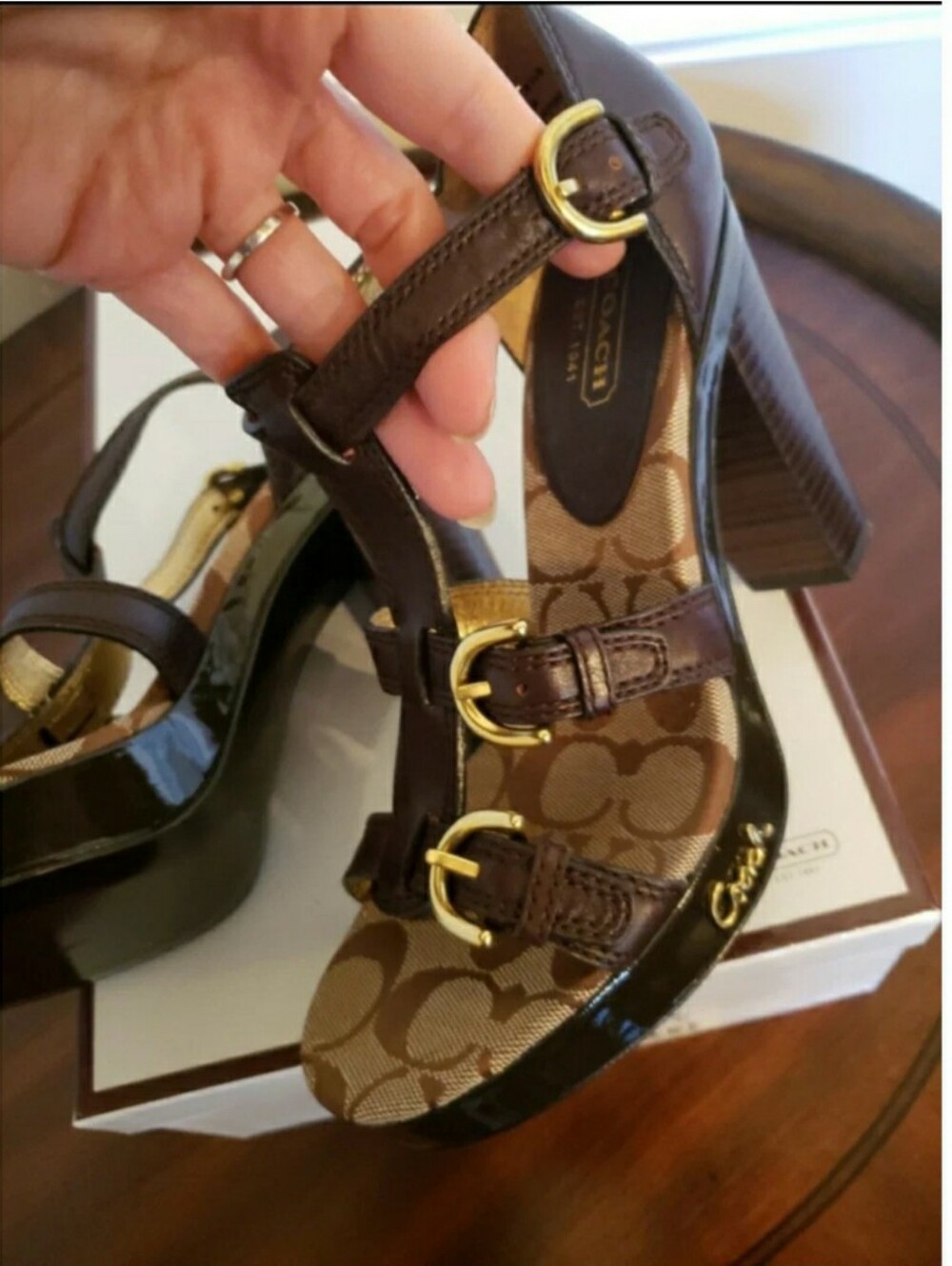 Coach Dark Brown Leather Strappy Platform Heel with Gold Accents